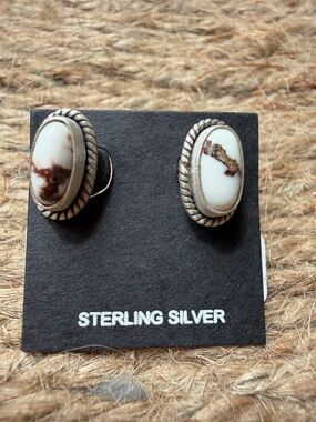 Sterling Silver Wild Horse Jasper. White and Brown Stone Oval Stud Earrings